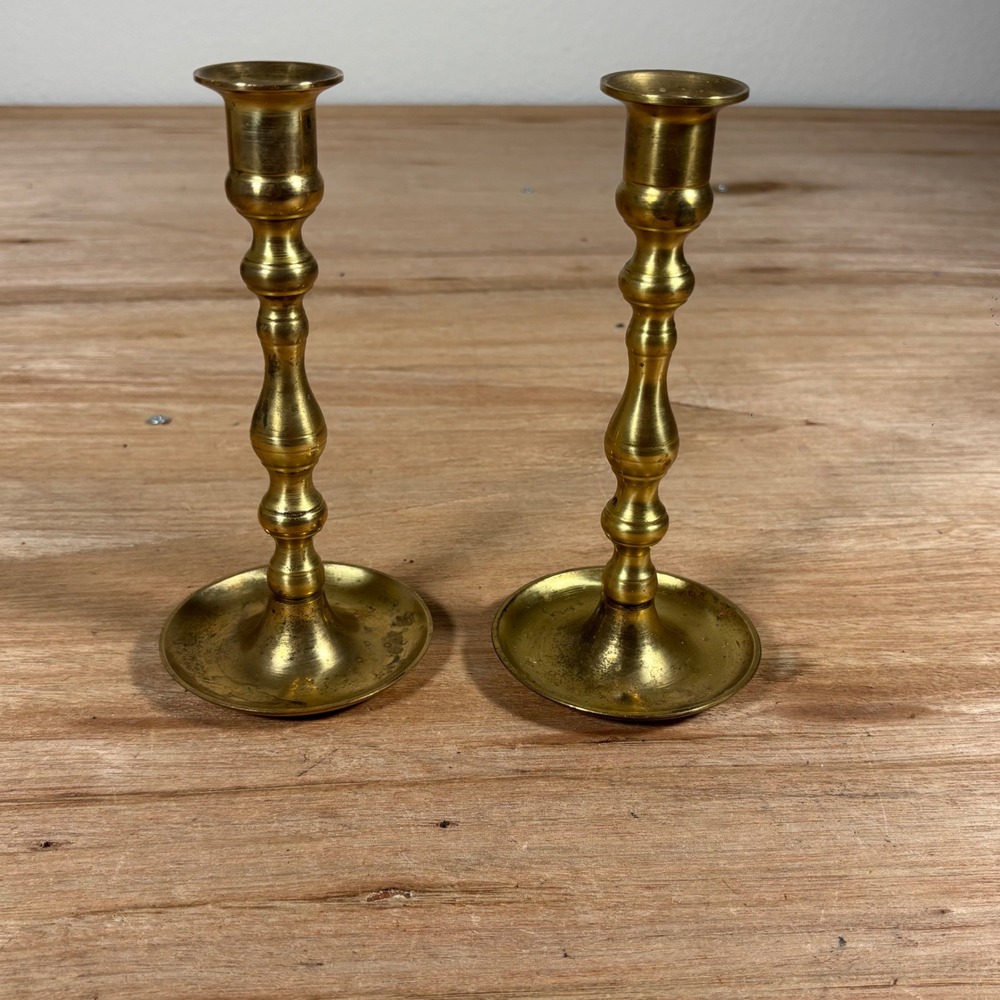 Vintage Venus Solid Brass Candlestick Holders Pair Made in Japan 7 Inch Tall